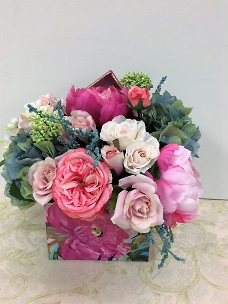 Dark and Light Pink Peony w.Hydrangeas Petite Silk Floral Arrangement/RA06 - April's Garden Wreath