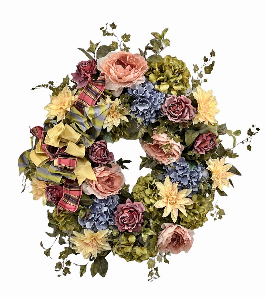 Dusty Yellow, Dusty Mauve, and Blue Large Silk Floral Everyday Wreath/ROM51