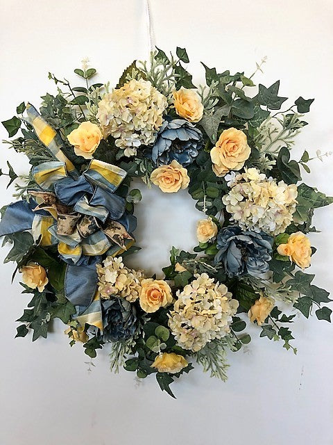 Yellow, Blue and Taupe Silk Floral Everyday Wreath/Rom22 - April's Garden Wreath