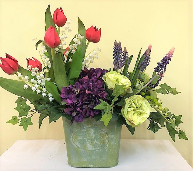 Red, Purple and Lime Silk Floral Spring Arrangement in Tin Container/SP05