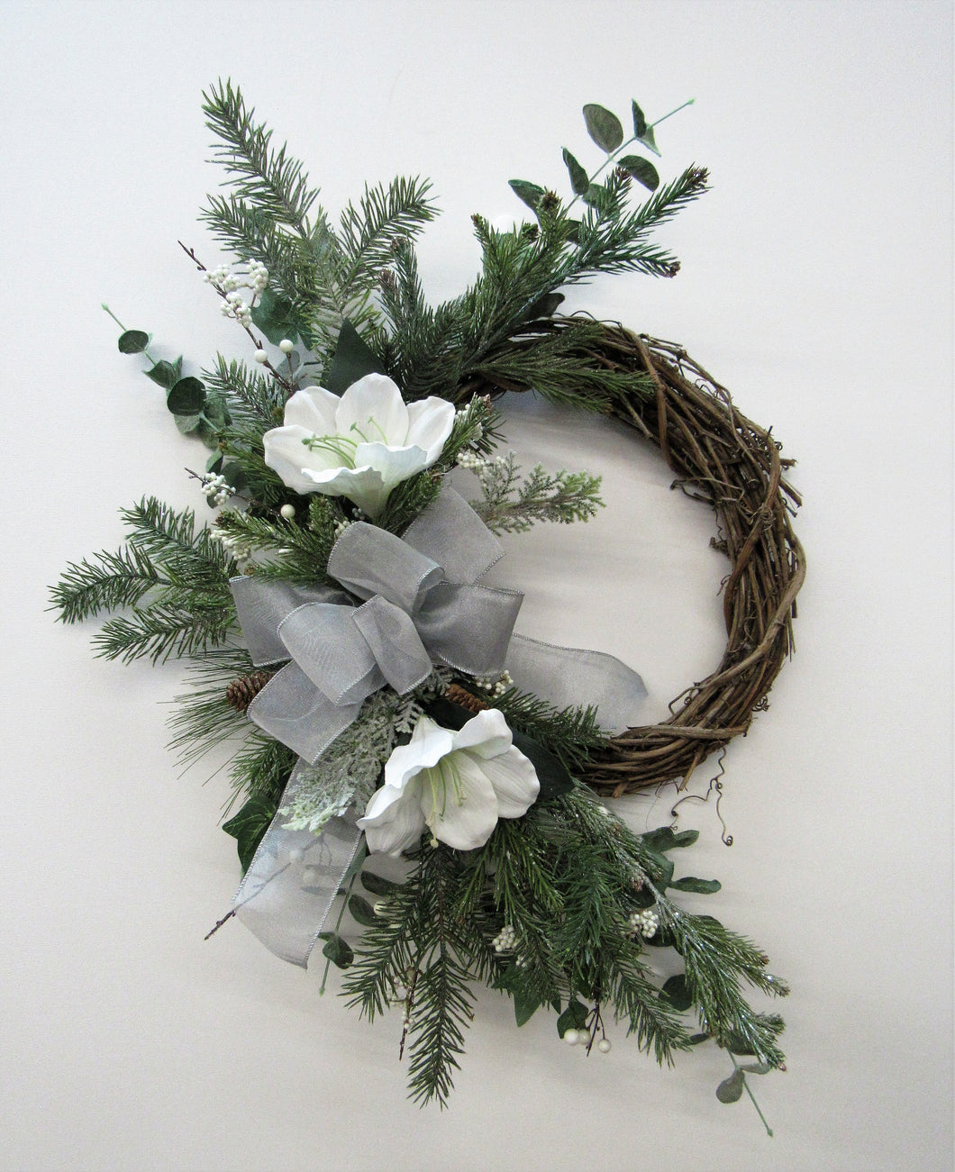 White, Green, and Silver Silk Floral Transitional Winter Crescent Wreath/ Tran50 - April's Garden Wreath