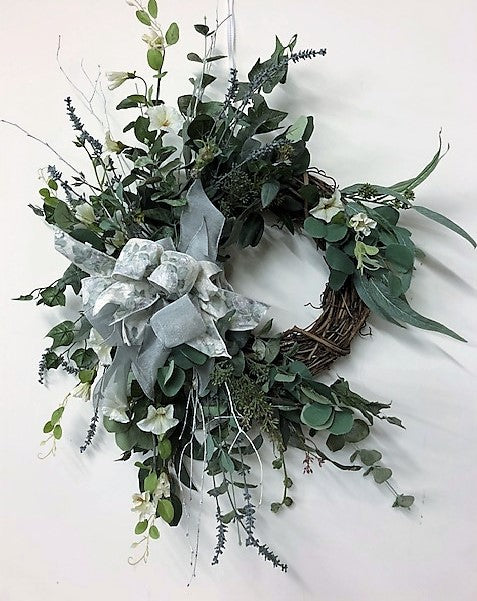 Morning Glory and Eucalyptus Silk Floral Winter Farmhouse Wreath/Trans107 - April's Garden Wreath