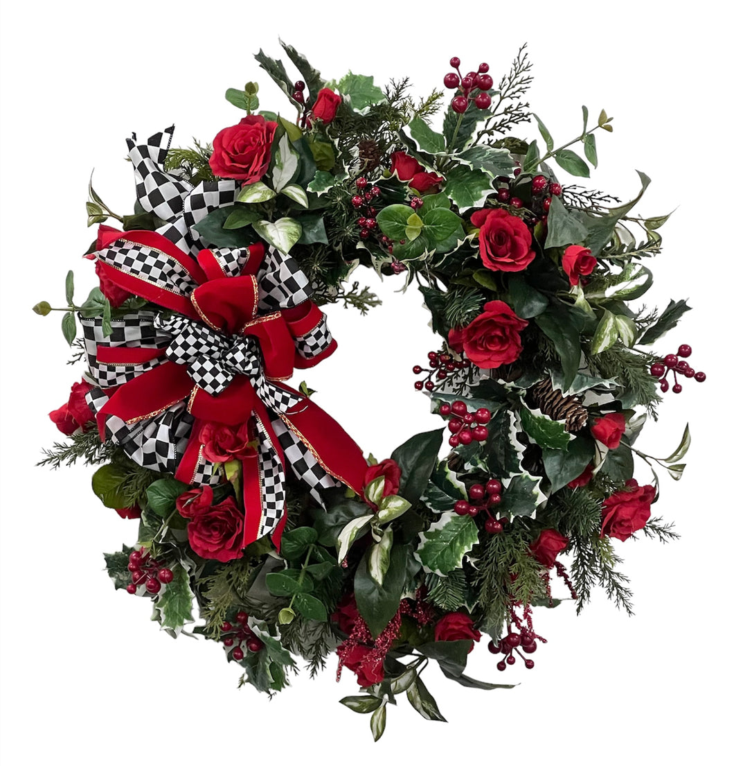 Green and Red Silk Floral Holiday Winter Wreath with Red Roses/Trans108