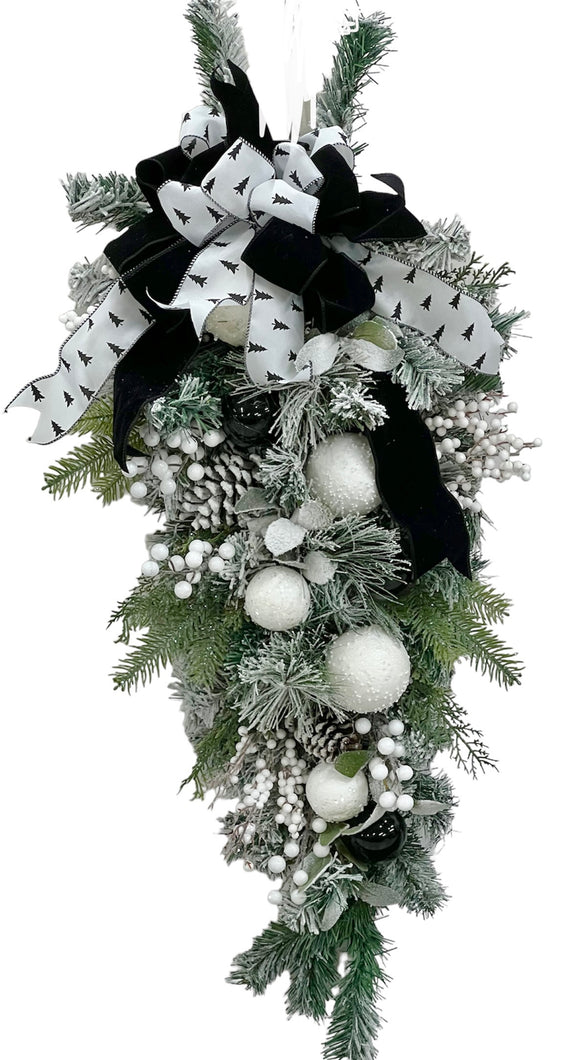 Black and White Silk Floral Flocked Winter Teardrop Wreath/TRANS134