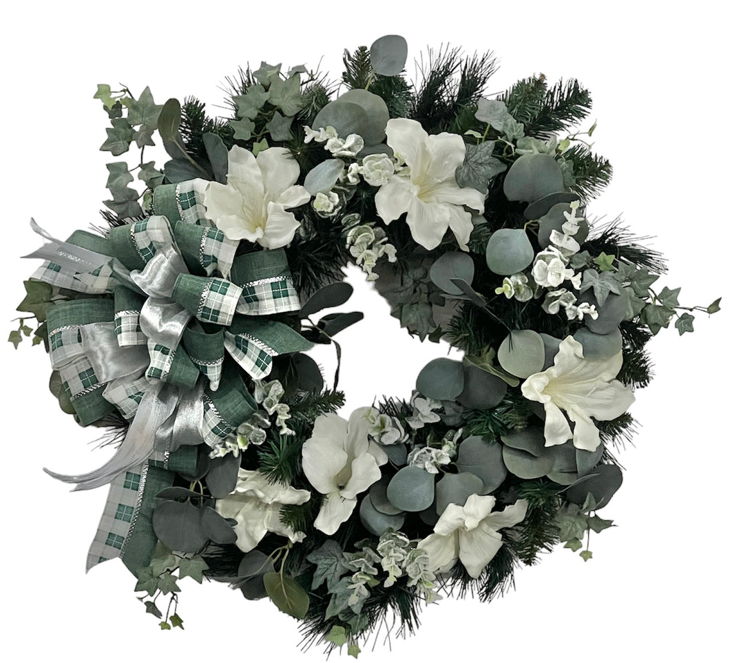 Cream Amaryllis Silk Floral Winter Wreath with Eucalyptus/TRANS136