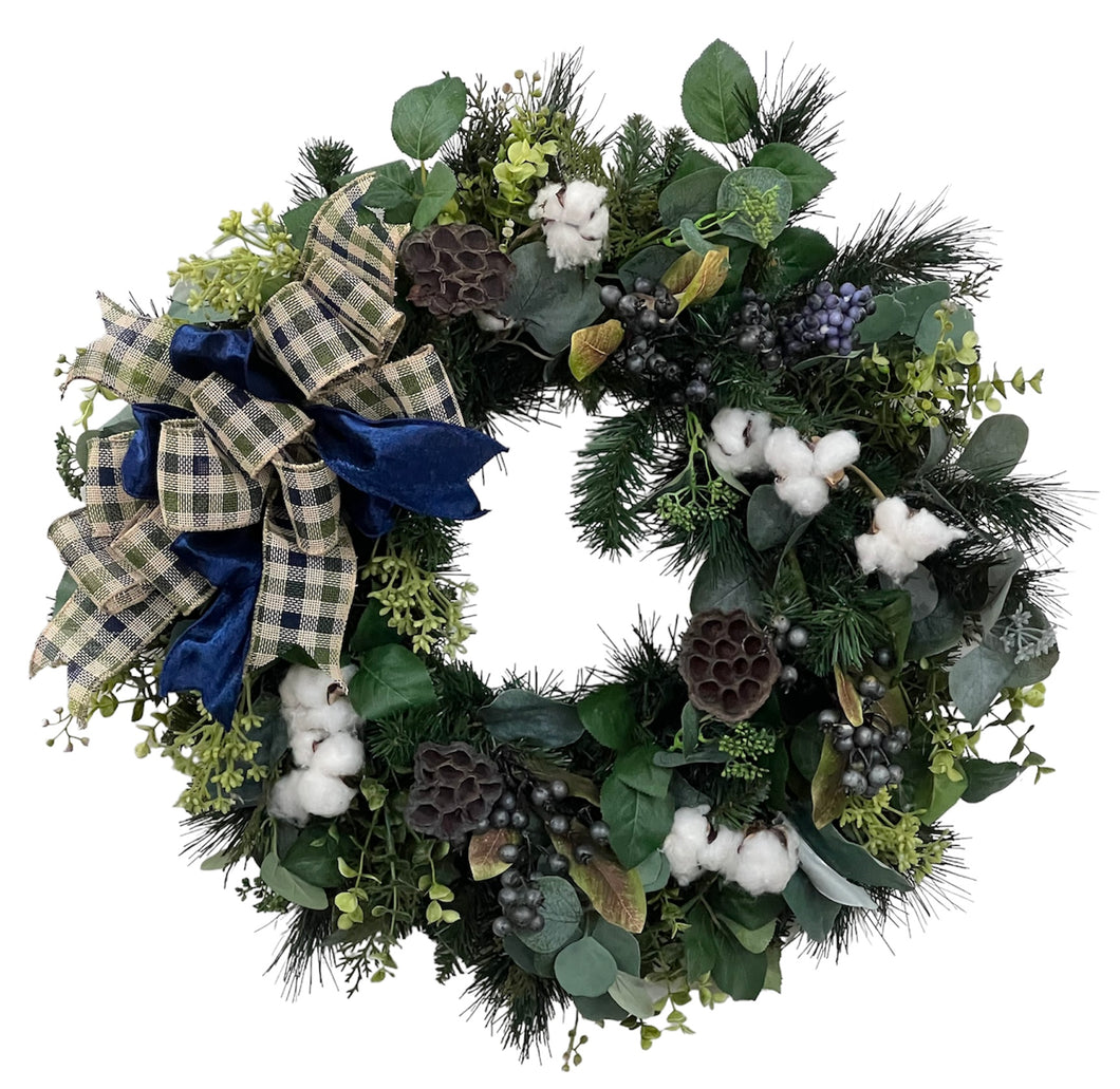 Blueberry, Eucalyptus and Cotton Silk Floral Winter Farmhouse Wreath/TRANS137