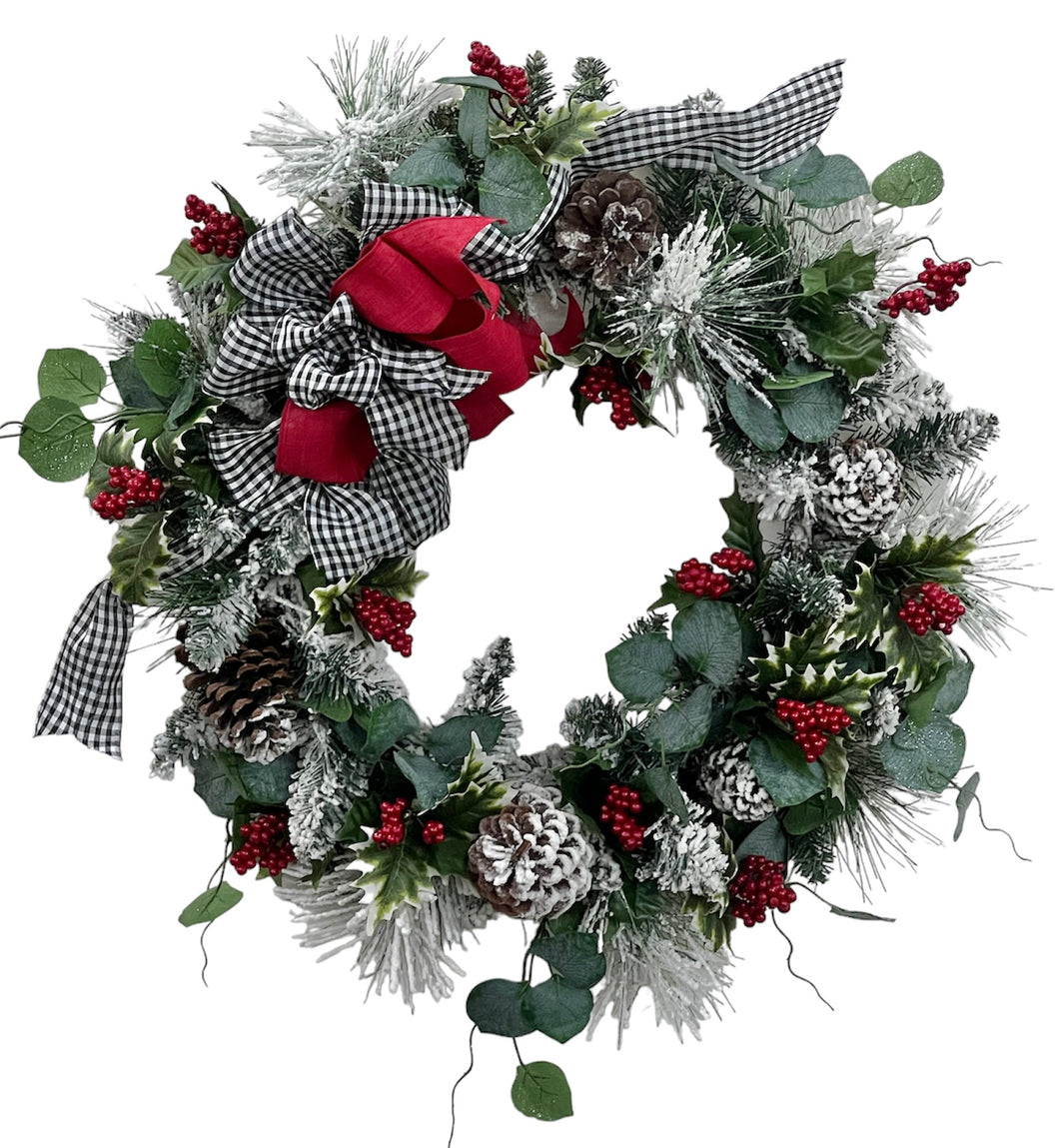 Flocked Pine Silk Floral Winter Wreath with Pinecones/Trans140