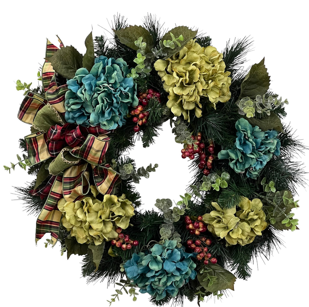 Teal and Green Hydrangea Silk Floral Winter Transitional Wreath/Trans145