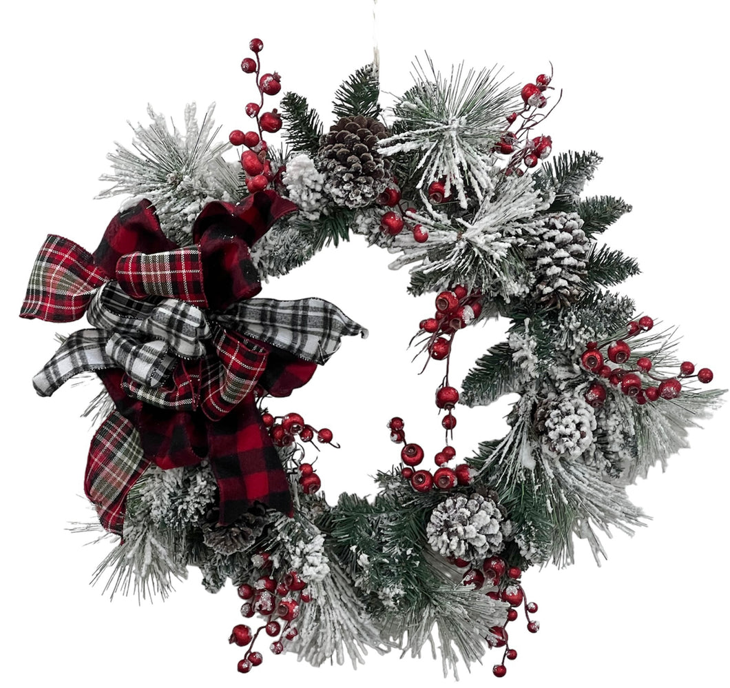 Flocked Silk Floral Winter Transitional Wreath with Pinecones/Trans148