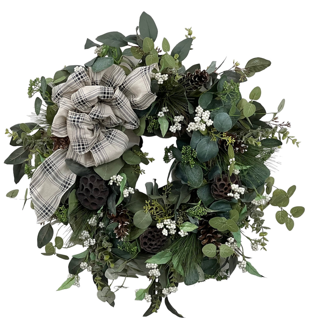 Mixed Greenery Winter Wreath With Ivory Berries/Trans150