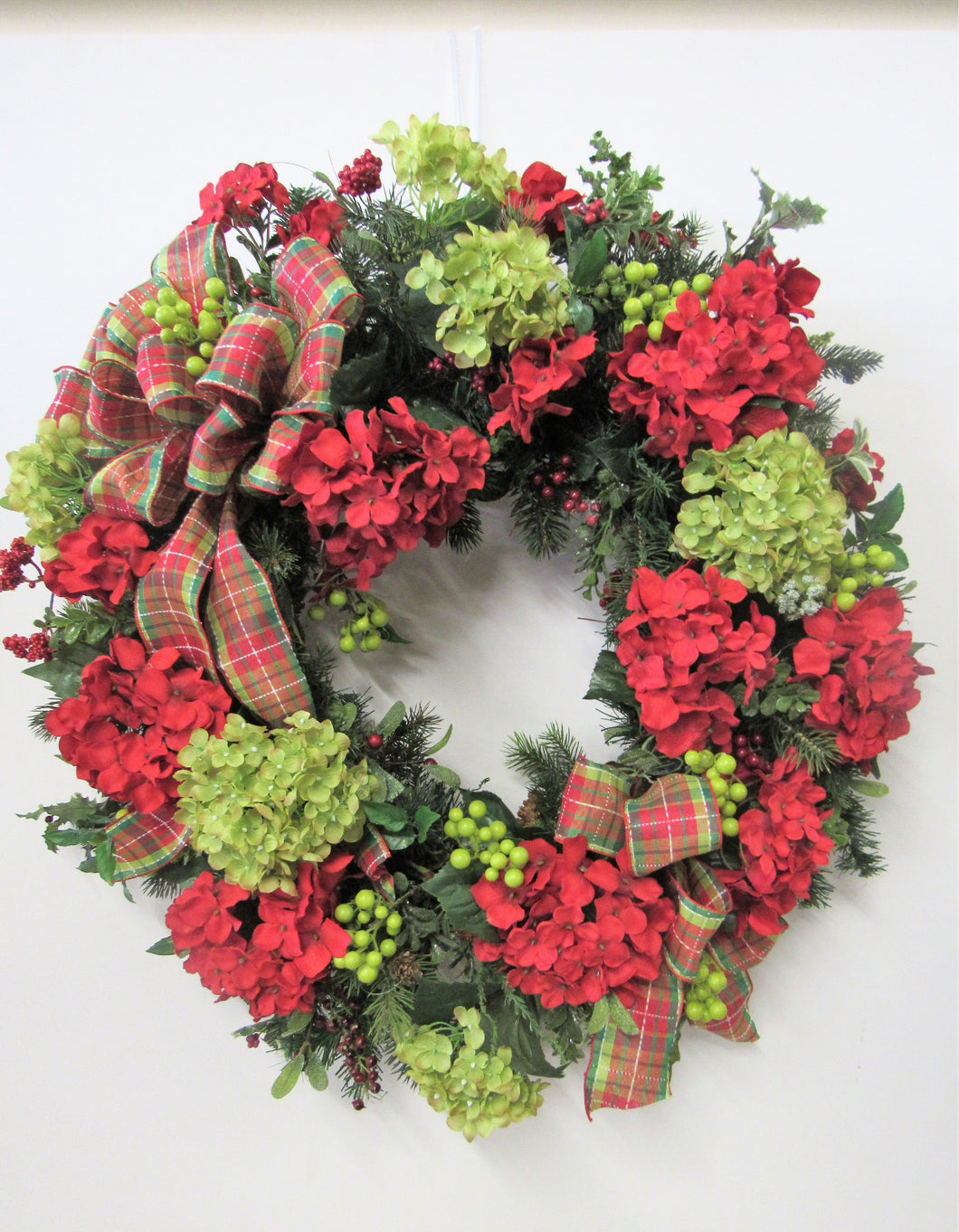Red and Green Hydrangea Silk Floral Holiday Winter Wreath/Trans37 - April's Garden Wreath