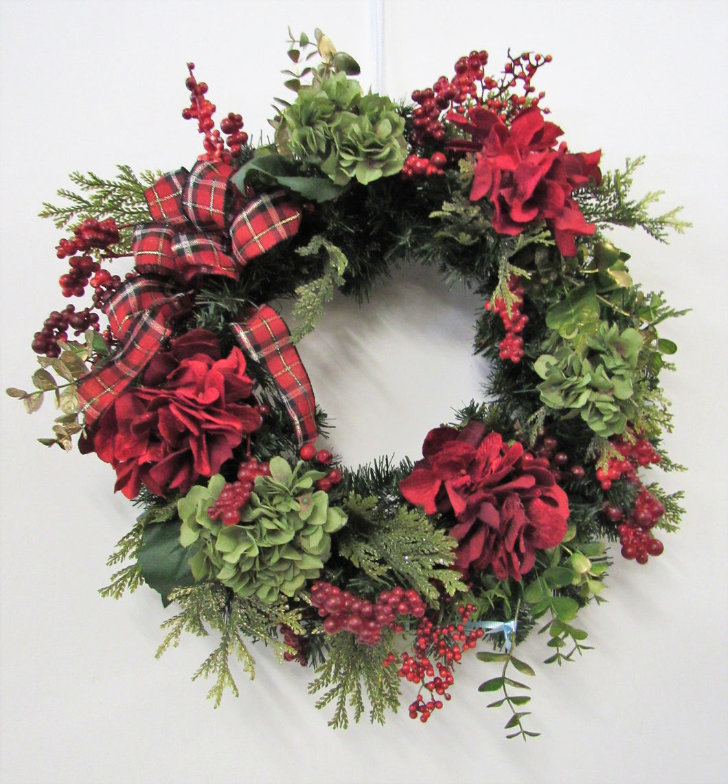 Green and Red Hydrangea Silk Floral Transitional Winter Wreath/Trans79 - April's Garden Wreath