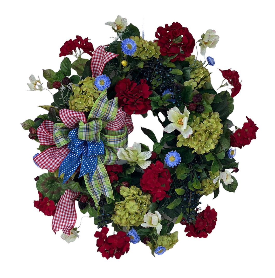 Red, Green and Blue Silk Floral Summer Wreath with Hydrangeas/VER163