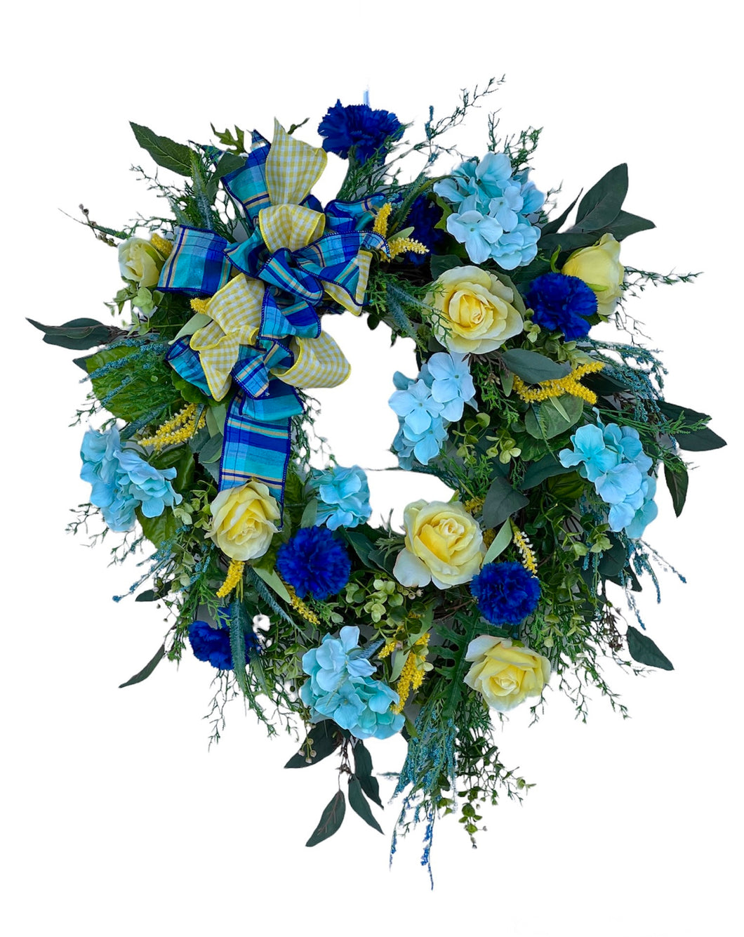 Aqua, Yellow and Navy Silk Floral Summer Wreath with Hydrangeas/VER172