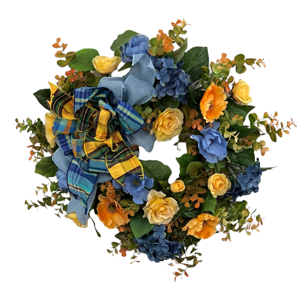Blue and Gold Silk Floral Summer Wreath with Hydrangeas and Roses/VER184