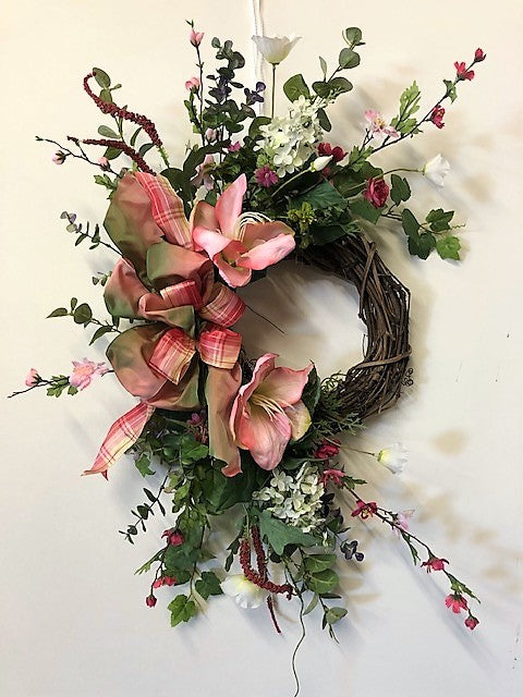 Pink Amaryllis Silk Floral Valentines Day Crescent Wreath/Val51 - April's Garden Wreath