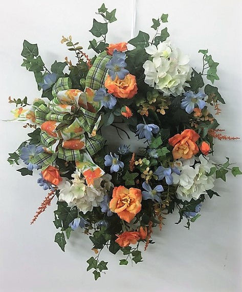 Light Blue, Orange and Cream Silk Floral Spring Summer Wreath/Ver101 - April's Garden Wreath