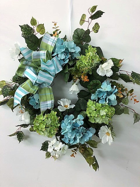 Lime and Aqua Silk Floral Spring Summer Hydrangea Front Door Wreath/Ver107 - April's Garden Wreath