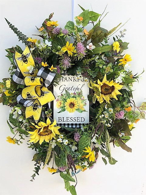 Yellow Sunflower Silk Floral Summer Wreath with Thankful Blessed Plaque/Ver118 - April's Garden Wreath
