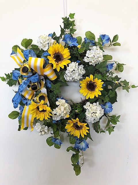 Blue and Yellow Silk Floral Summer Wreath with Sunflowers/Ver136 - April's Garden Wreath