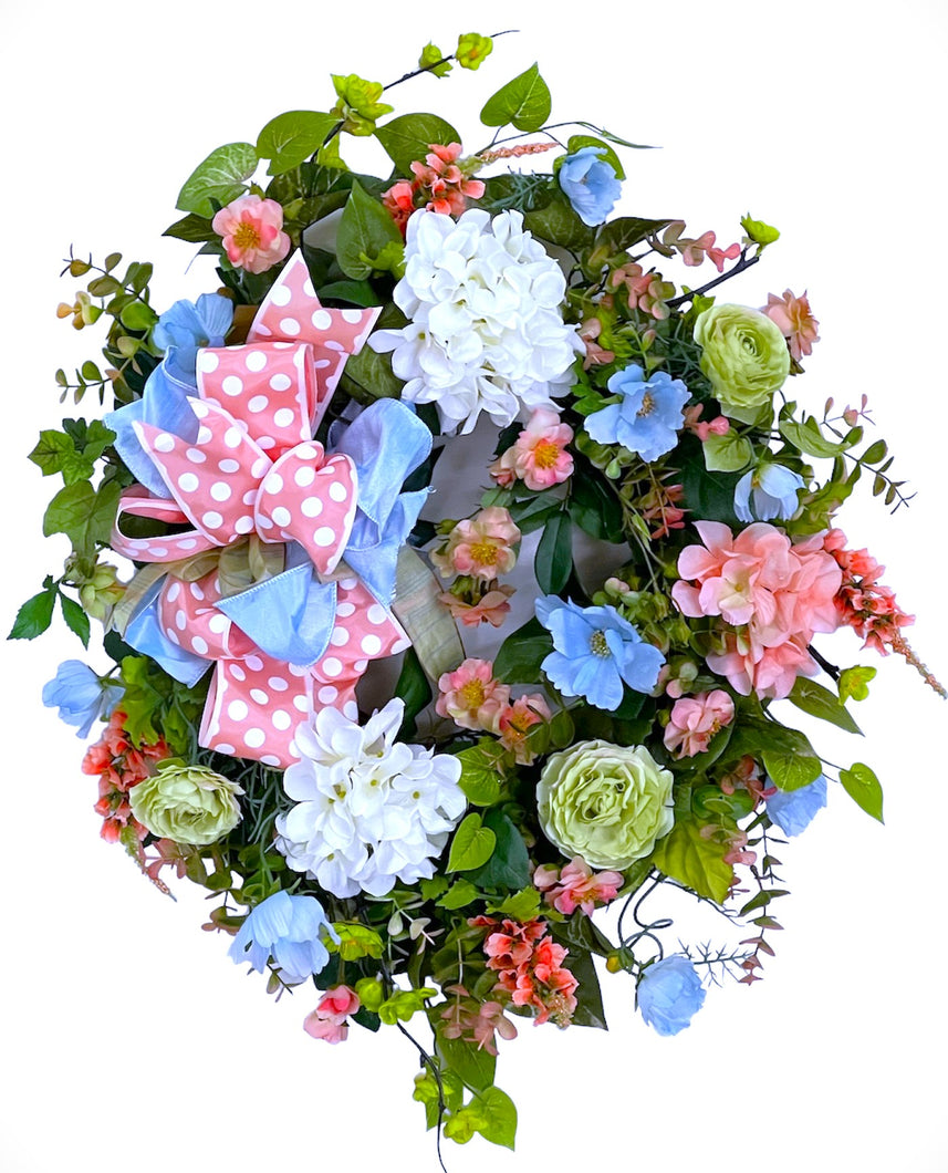 Coral and Cream Silk Floral Summer Hydrangea Wreath/VER139