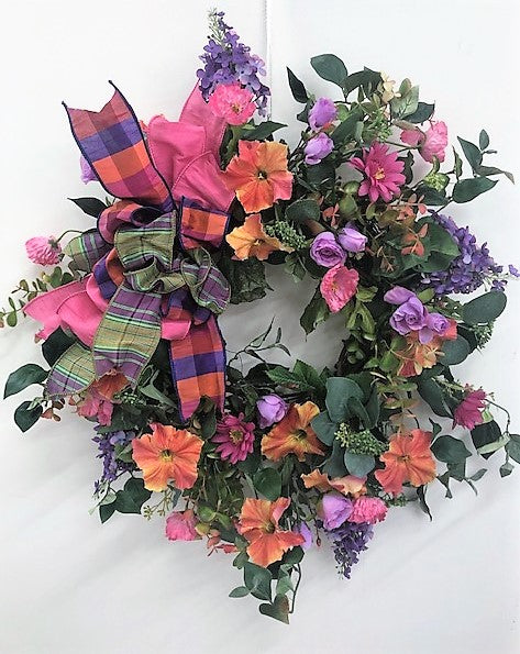 Purple, Orange and Pink Silk Floral Summer Wreath/VER145