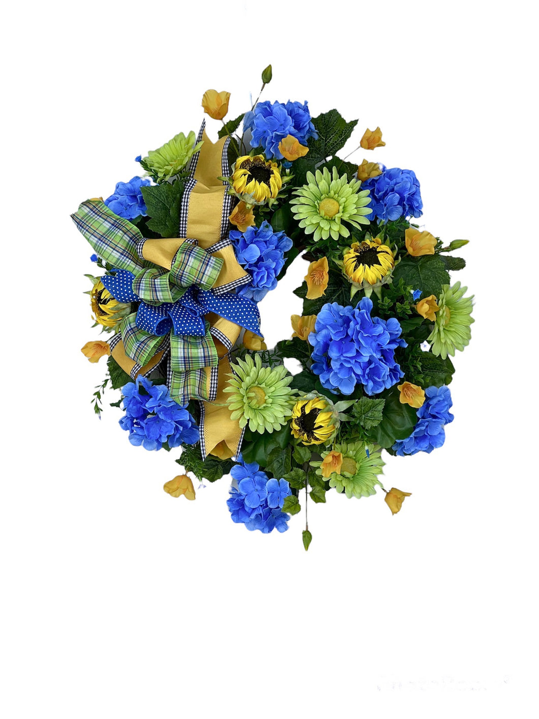 Blue Hydrangea and Yellow Sunflower Silk Floral Summer Wreath/VER166