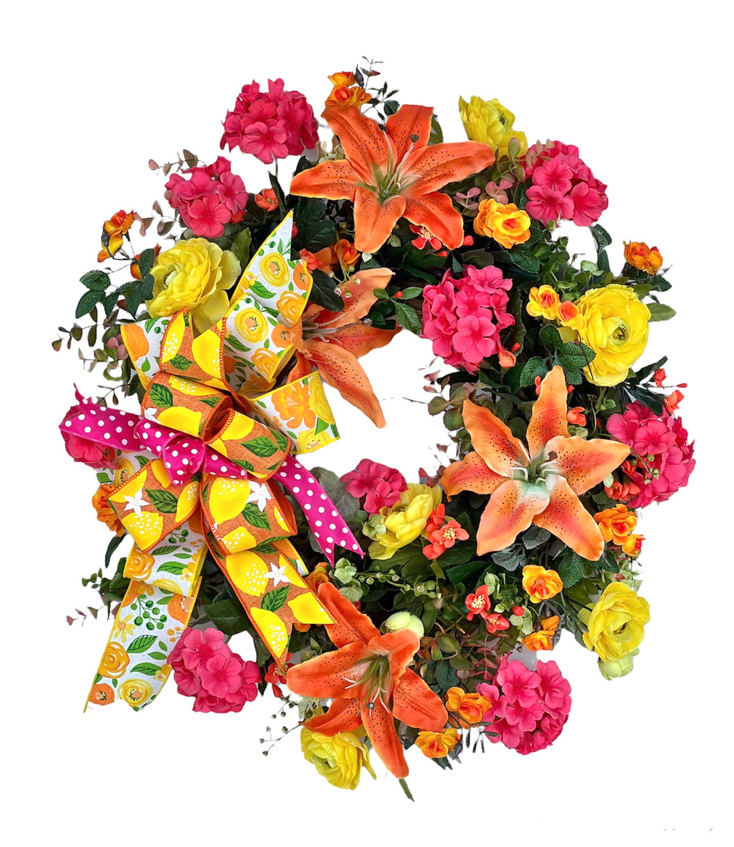 Orange, Yellow and Pink Silk Floral Summer Wreath with Lilies/VER170