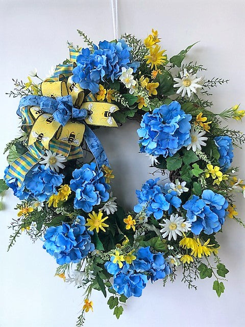 Blue, White and Yellow Silk Floral Large Summer Hygrangea Wreath/VER44 - April's Garden