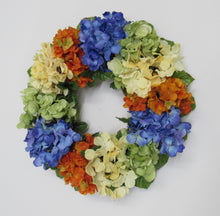 Dark Blue, Orange, and Lime Green Silk Floral Late Summer Hydrangea Wreath/Ver56 - April's Garden Wreath