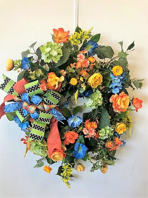 Orange and Blue Summer Silk Floral Late Summer Early Fall Wreath/Ver67 - April's Garden Wreath
