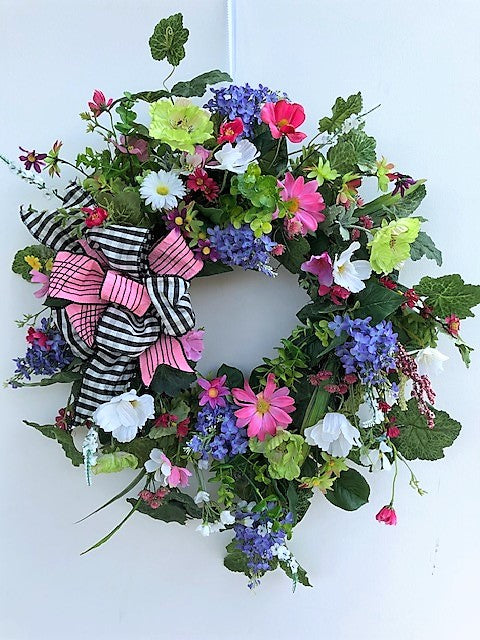 Cream, Green, Blue and Pink Silk Floral Summer Wreath/Ver85 - April's Garden Wreath