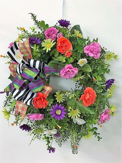 Purple, Lime Green and Hot Pink Silk Floral Spring Wreath/Ver89 - April's Garden Wreath
