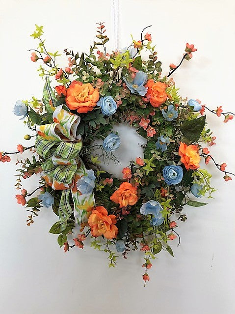 Orange, Blue and Green Silk Floral Late Summer Wreath/Ver95 - April's Garden Wreath