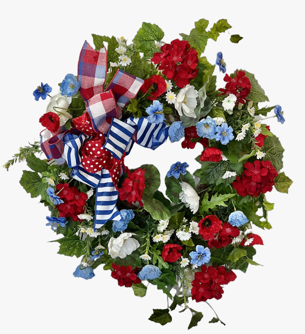 Red, White and Blue Silk Floral Summer Americana Wreath/AMC55