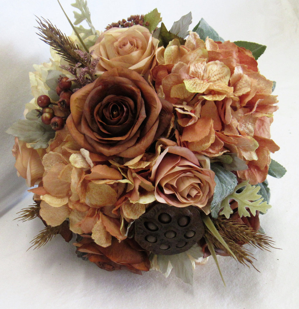 Cream, Rust, and Apricot Silk Floral Bridal Bouquet/BB07 - April's Garden Wreath