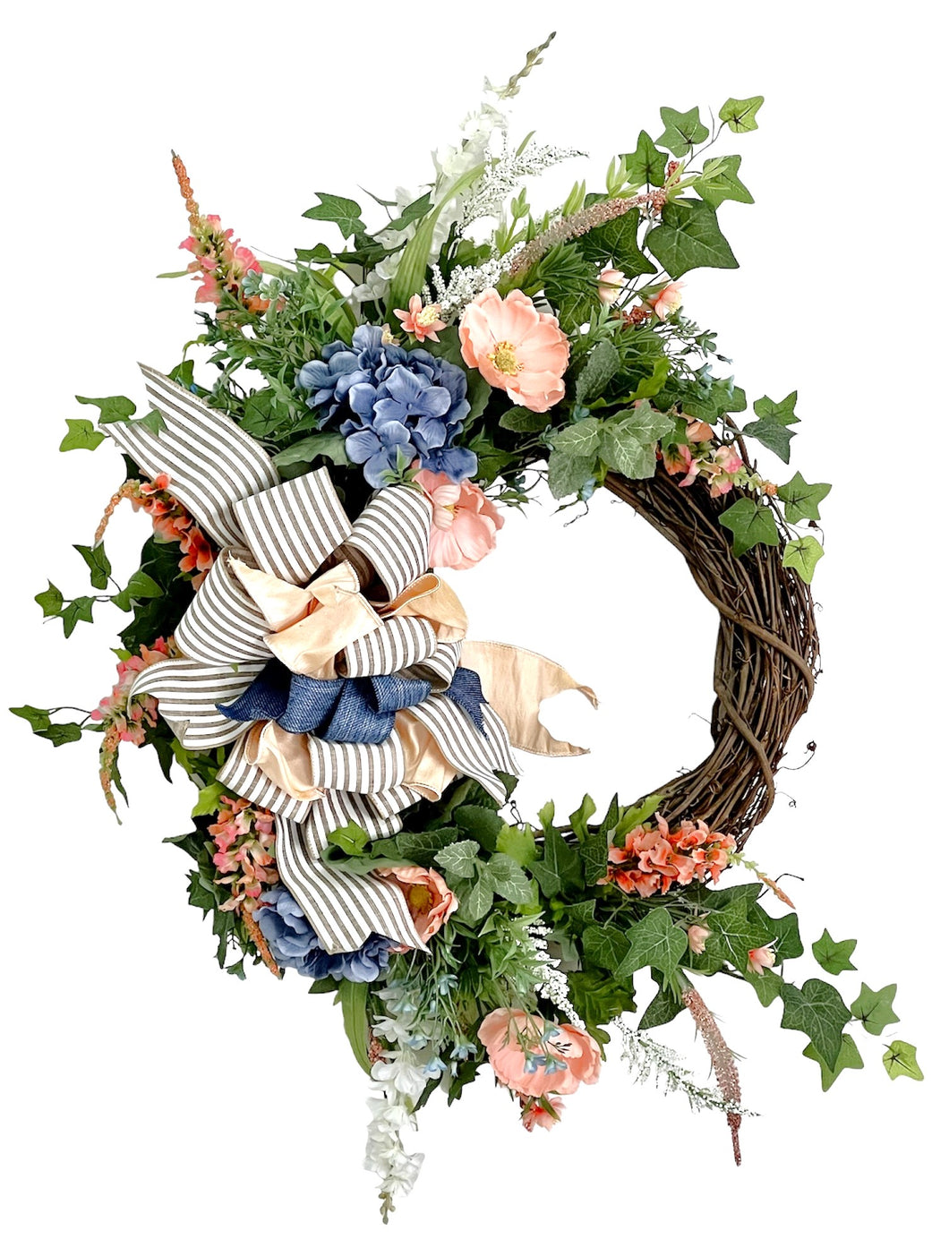 Blue and Peach Silk Floral Spring Summer Large Crescent Wreath with Plaque/ENG244