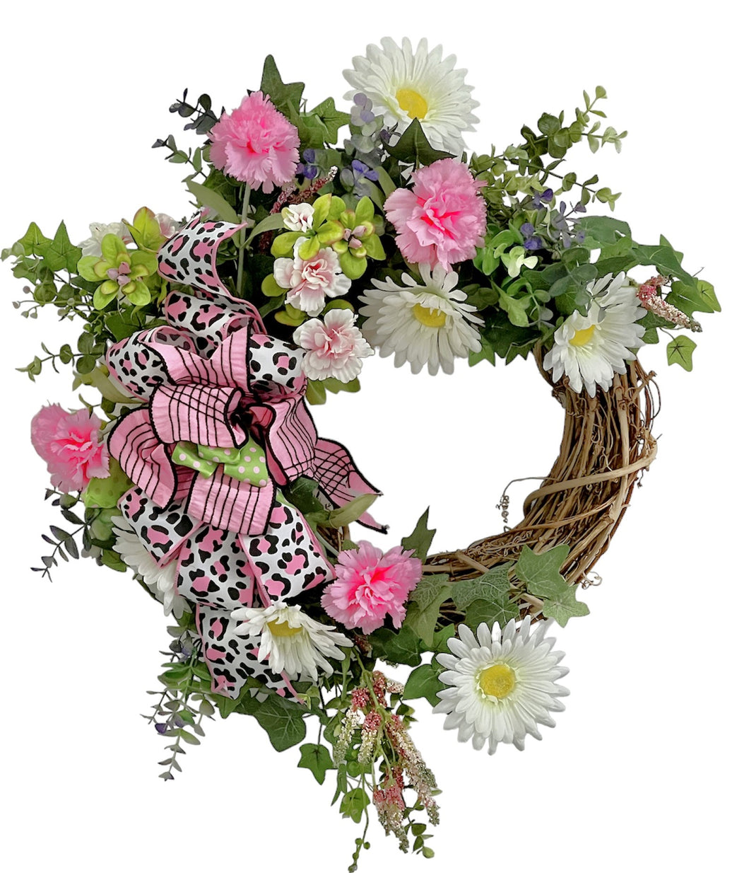 Pink and White Silk Floral Spring Summer Wreath with Leopard Print/ENG250