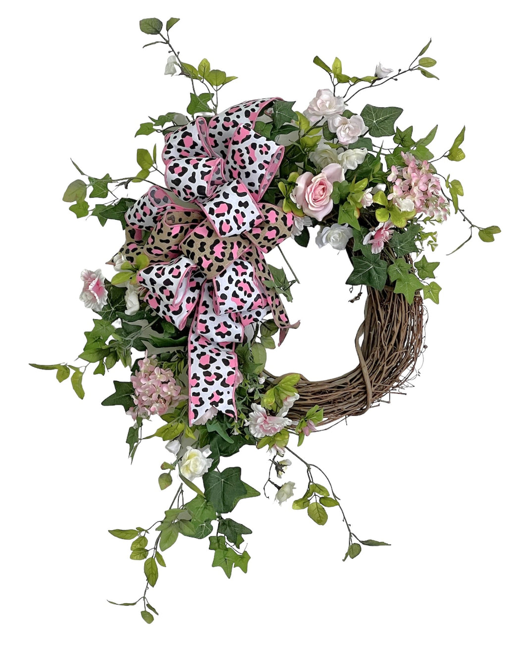 Pink Rose and Leopard Print Silk Floral Crescent Wreath/ENG254