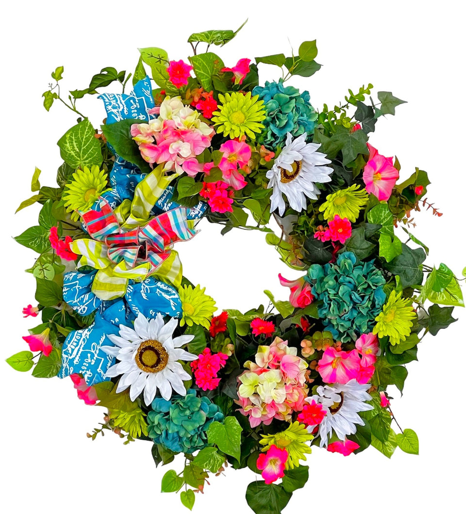 Pink, Teal, Lime, English garden Wreath/ENG269