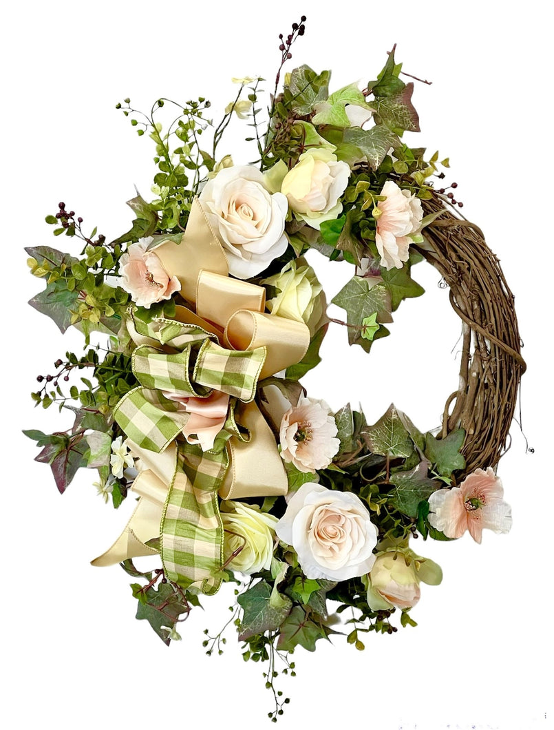 Pale Yellow and Sage Green Silk Floral Petite Spring Summer Wreath/ENG276