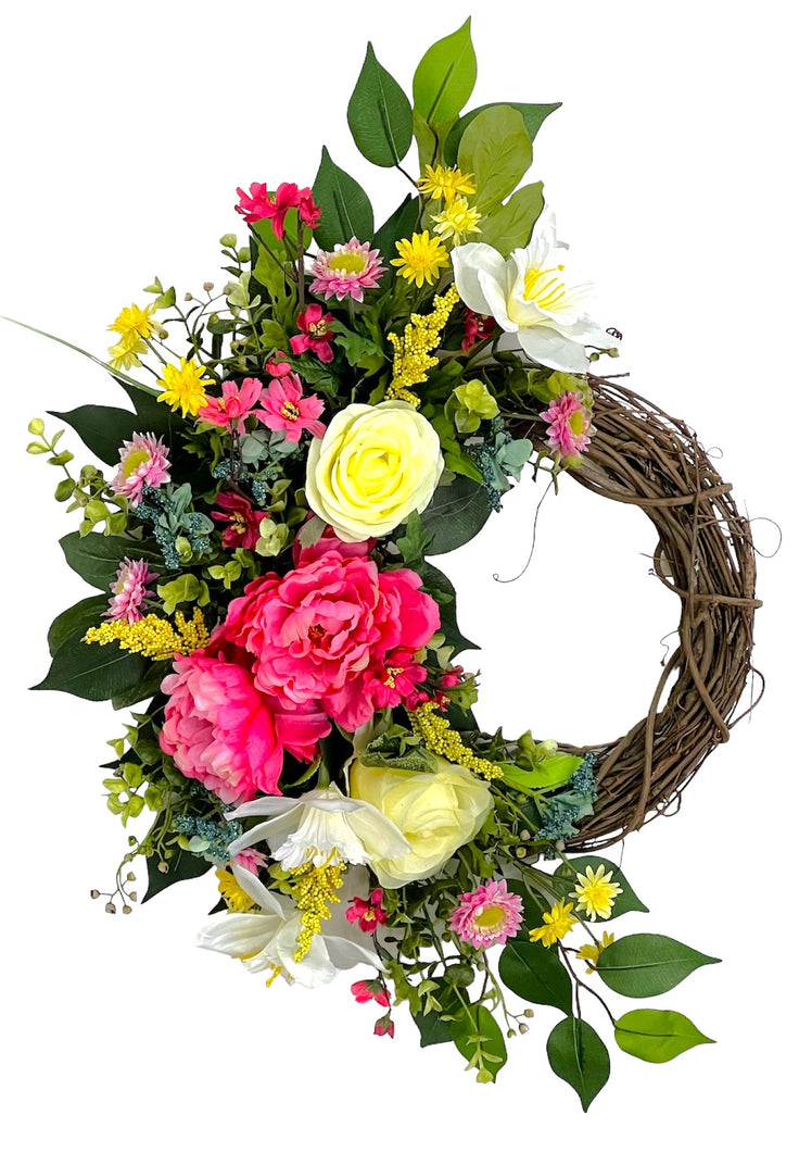 Cream Daffodil and Watermelon Peony Spring Wreath/ENG354