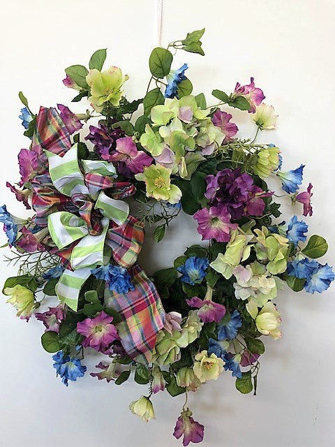 Blue, Magenta and Light Green Silk Floral Spring Summer Wreath/ENG52 - April's Garden