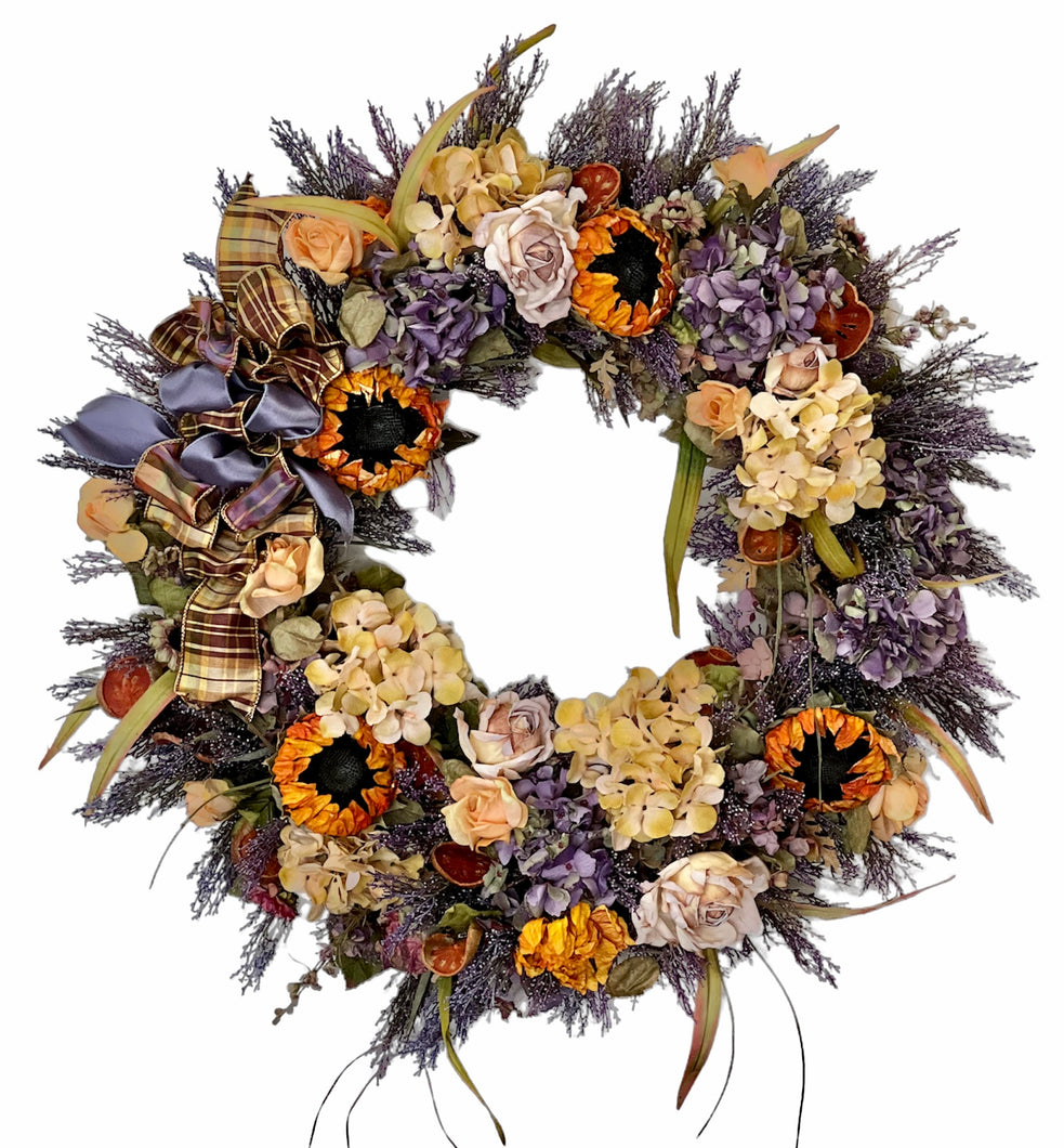 Cream, Purple, Pink/Mauve Fall Silk Floral Wreath with Hydrangeas/Harv142