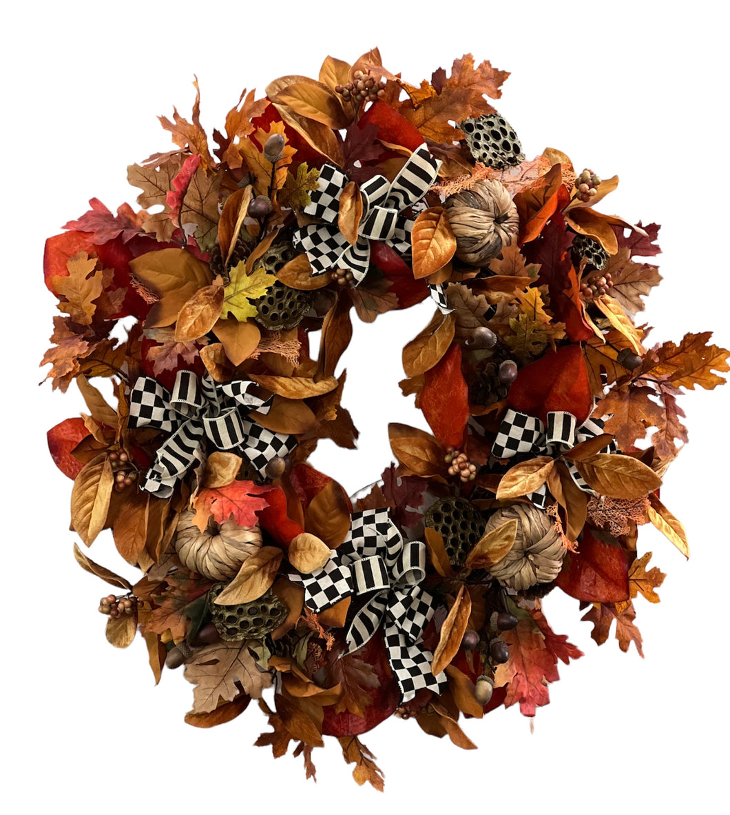 Rust, Brown and Orange Silk Floral Large Fall Wreath with Pumpkins/Harv244