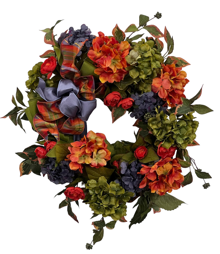 Dark Orange, Green and Purple/Eggplant Fall Wreath/HARV254