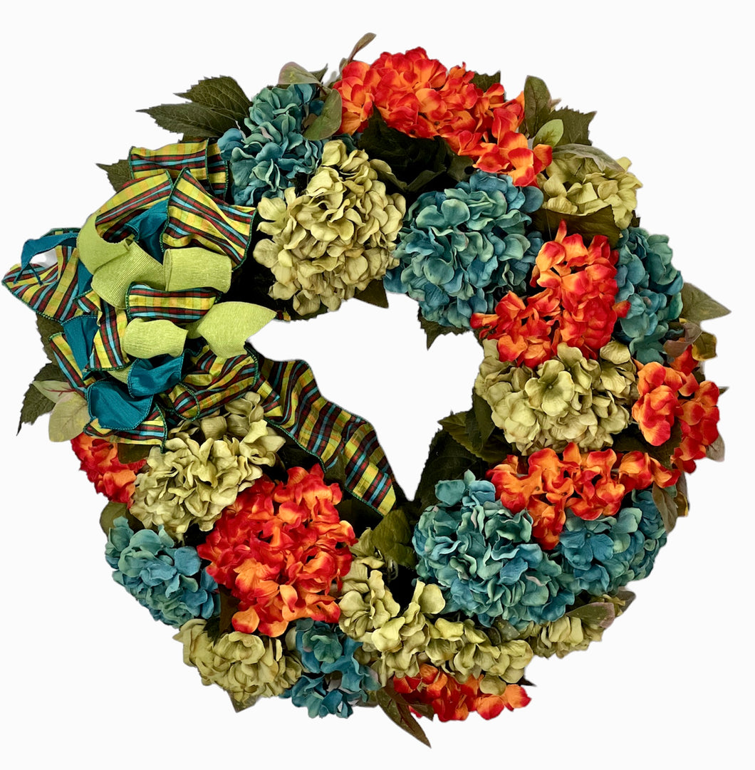 Teal, Olive, and Flame Hydrangea Silk Floral Fall Wreath/Harv59