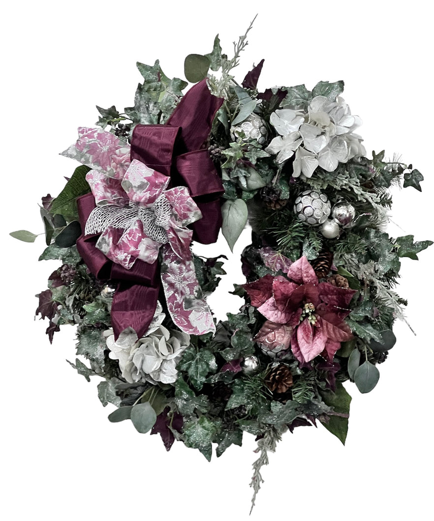 Burgundy Velvet Poinsettia and Silver Hydrangea Holiday Wreath/Hol08 - April's Garden