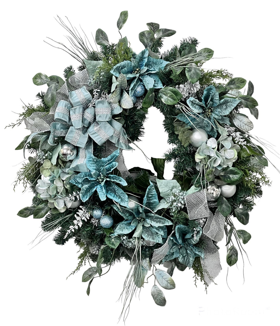 Aqua Poinsettia and Hydrangea Silk Floral Large Holiday Wreath/Hol113