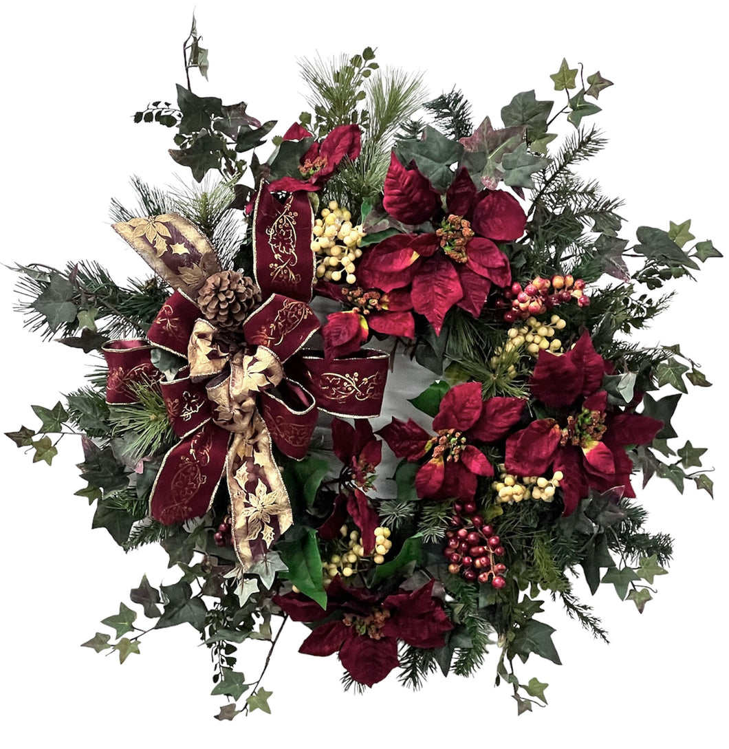 Burgundy Poinsettia Silk Floral Holiday Christmas Wreath/HOL15